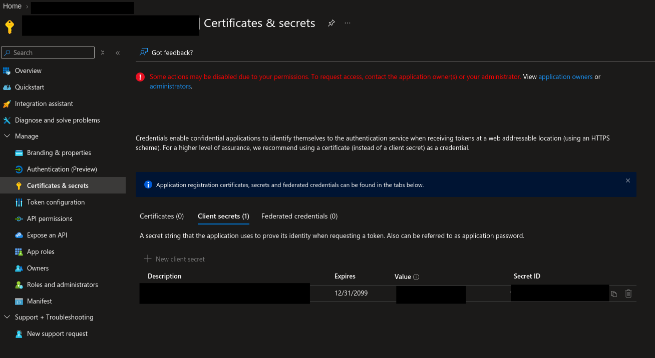 Sanitized Microsoft Entra Certificates and secrets blade showing a client secret expiring in 2099